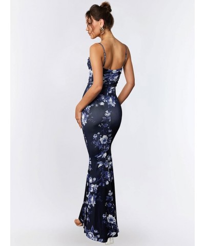 Women's Sleeveless Bodycon Corset Maxi Dress Spaghetti Strap Ruched Elegant Evening Party Long Dresses Navy Print $24.19 Dresses