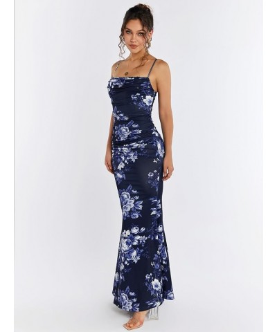 Women's Sleeveless Bodycon Corset Maxi Dress Spaghetti Strap Ruched Elegant Evening Party Long Dresses Navy Print $24.19 Dresses