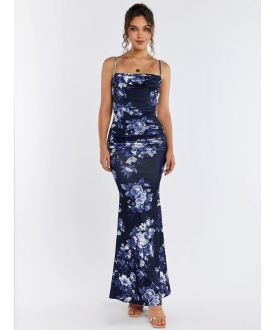 Women's Sleeveless Bodycon Corset Maxi Dress Spaghetti Strap Ruched Elegant Evening Party Long Dresses Navy Print $24.19 Dresses