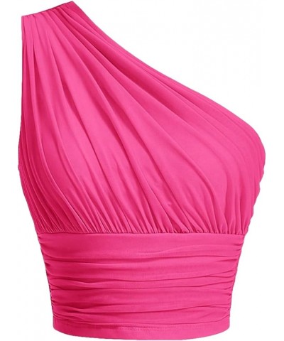 Women's One Shoulder Ruched Crop Top Sleeveless Fitted Summer Tank Tops Solid Hot Pink $14.30 Tanks