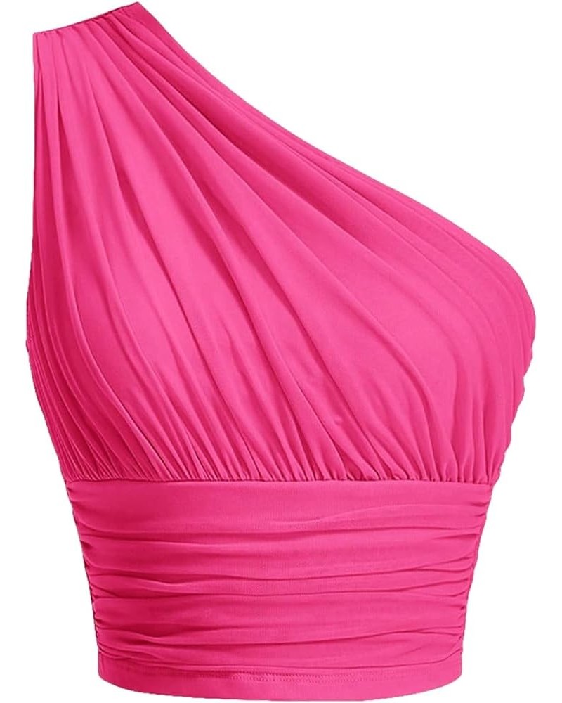 Women's One Shoulder Ruched Crop Top Sleeveless Fitted Summer Tank Tops Solid Hot Pink $14.30 Tanks