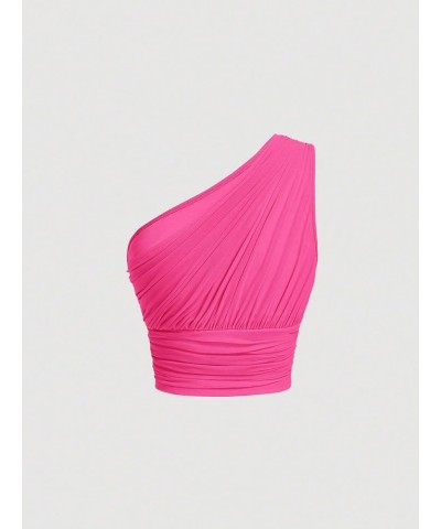 Women's One Shoulder Ruched Crop Top Sleeveless Fitted Summer Tank Tops Solid Hot Pink $14.30 Tanks