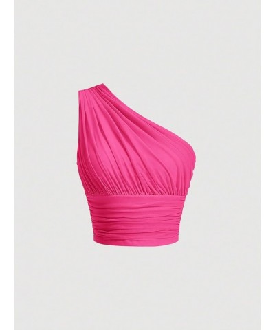 Women's One Shoulder Ruched Crop Top Sleeveless Fitted Summer Tank Tops Solid Hot Pink $14.30 Tanks