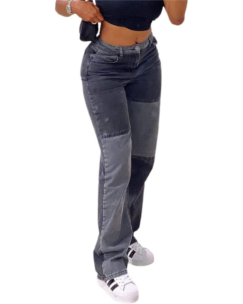 Womens Patchwork Jeans High Waisted Straight Leg Stretch Denim Pants Girls Fashion Color Block Patch Jeans A Black $16.19 Jeans