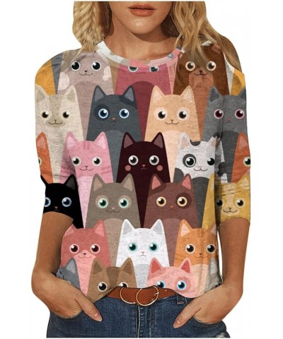 Women's Funny 3/4 Sleeve Tunic Tops, Cute Cartoon Cat Print Teen Girls Novelty Graphic Tees Soft Loose Ugly T-Shirt Brown $5....