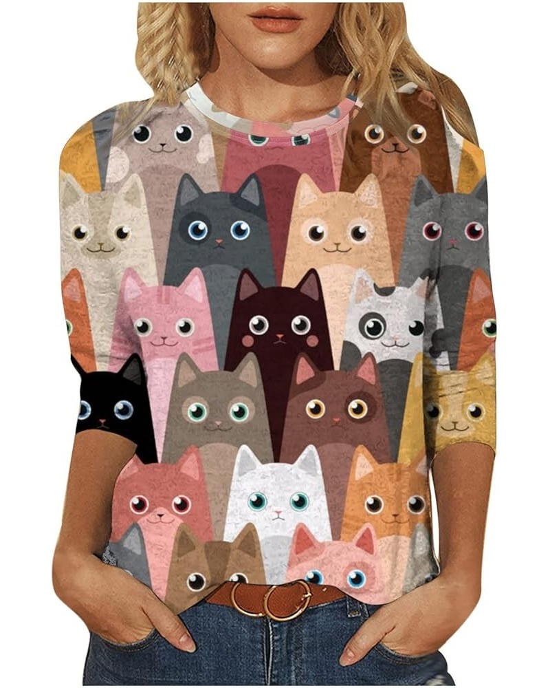 Women's Funny 3/4 Sleeve Tunic Tops, Cute Cartoon Cat Print Teen Girls Novelty Graphic Tees Soft Loose Ugly T-Shirt Brown $5....