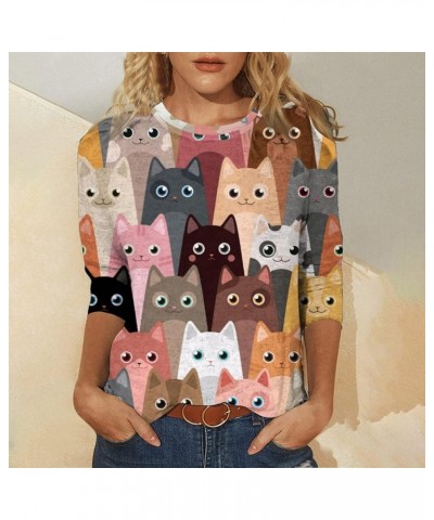 Women's Funny 3/4 Sleeve Tunic Tops, Cute Cartoon Cat Print Teen Girls Novelty Graphic Tees Soft Loose Ugly T-Shirt Brown $5....