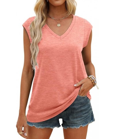 Womens Cap Sleeve V Neck T Shirts Tops Basic Casual Tank Tops Loose Fit 03-coral $12.59 Tanks