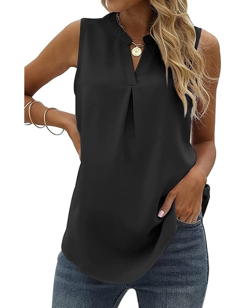 Womens Tank Tops V Neck Pleated Sleeveless Summer Shirts Loose Casual Blouses Black $10.79 Tops