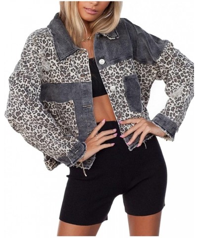 Women Long Sleeve Button Down Leopard Print Crop Denim Jacket Ripped Distressed Boyfriend Outerwear Corduroy and Grey $23.84 ...