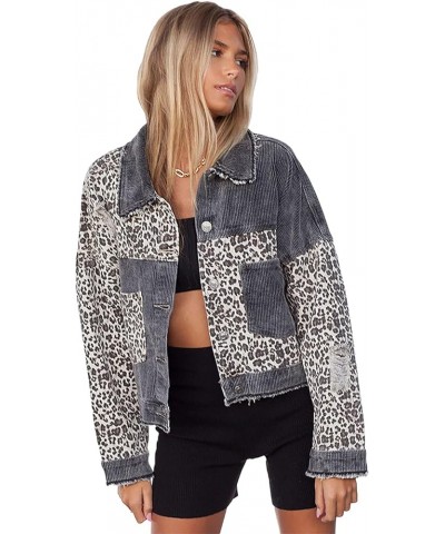 Women Long Sleeve Button Down Leopard Print Crop Denim Jacket Ripped Distressed Boyfriend Outerwear Corduroy and Grey $23.84 ...