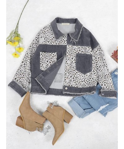 Women Long Sleeve Button Down Leopard Print Crop Denim Jacket Ripped Distressed Boyfriend Outerwear Corduroy and Grey $23.84 ...