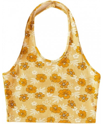 Women's Floral Print Ribbed Knit Halter Backless Crop Top Floral Yellow S $11.59 Tanks