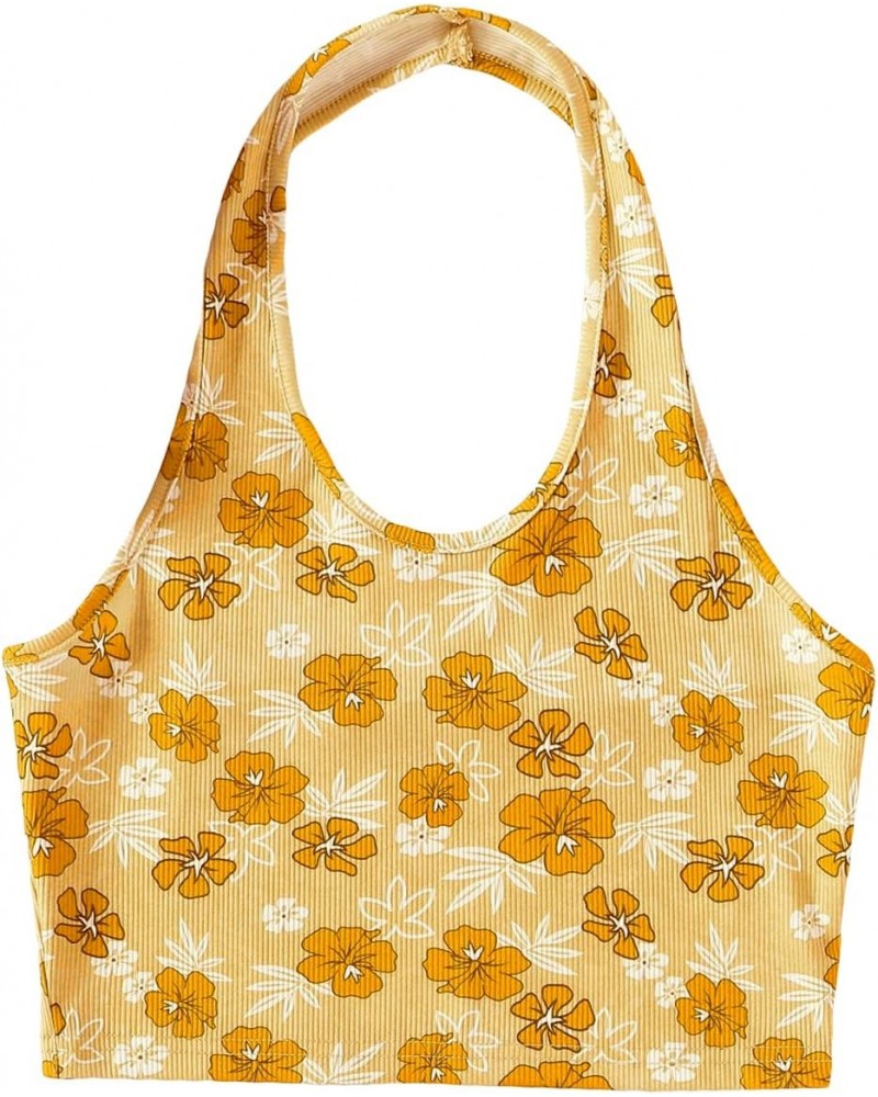 Women's Floral Print Ribbed Knit Halter Backless Crop Top Floral Yellow S $11.59 Tanks