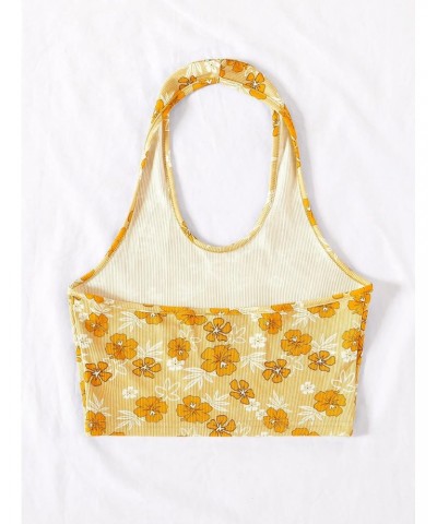 Women's Floral Print Ribbed Knit Halter Backless Crop Top Floral Yellow S $11.59 Tanks