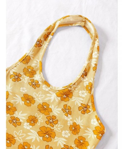 Women's Floral Print Ribbed Knit Halter Backless Crop Top Floral Yellow S $11.59 Tanks