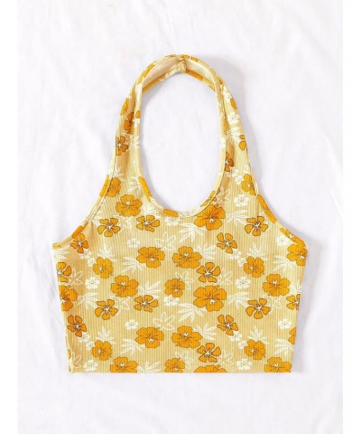 Women's Floral Print Ribbed Knit Halter Backless Crop Top Floral Yellow S $11.59 Tanks