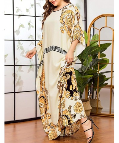 Women's Batwing Plaid Floral Printed Long Sleeves Oversized Maxi Dress Sleep Loungewear Champagne $22.94 Dresses