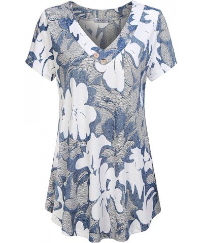 Womens V Neck Short Sleeve Floral Print Blouse Tops Fashion Casual Tunic Shirts Blue $13.76 Blouses