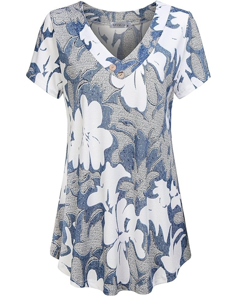 Womens V Neck Short Sleeve Floral Print Blouse Tops Fashion Casual Tunic Shirts Blue $13.76 Blouses