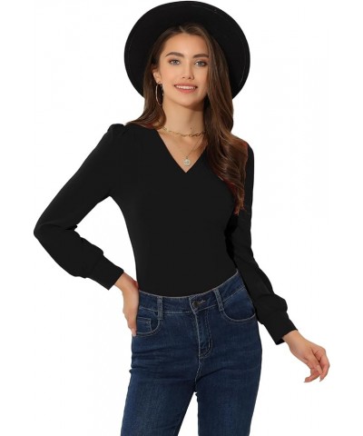 Women's Puff Sleeves Blouse Vintage V Neck Casual Dressy Top Black $16.81 Blouses