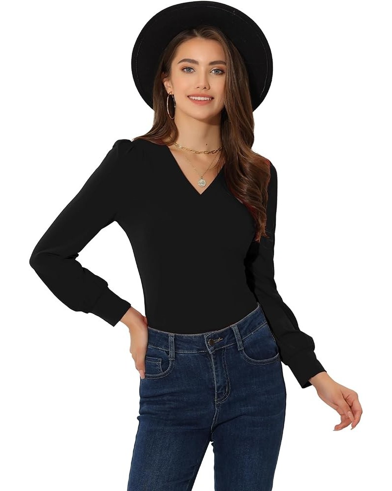 Women's Puff Sleeves Blouse Vintage V Neck Casual Dressy Top Black $16.81 Blouses