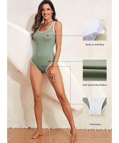 Women's High Cut One Piece Swimsuit Tummy Control Bathing Suit Ribbed Round Neck Sporty Swimwear Laurel Green $18.14 Swimsuits