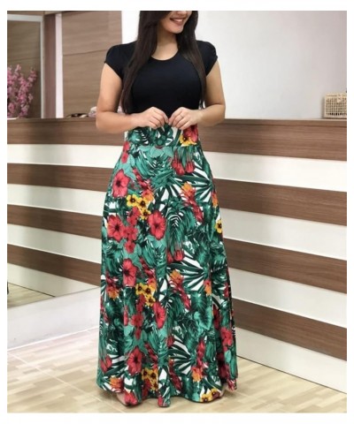 Womens Summer Maxi Dresses 2023 Vintage Elegant Tunic Waisted Floral Midi Dress Casual Short Sleeve Long Dress Multicoloured-...