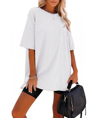 Women's Casual Solid Crewneck Short Sleeve Oversized T Shirt Drop Shoulder Tops L-white-1 $14.15 Tops