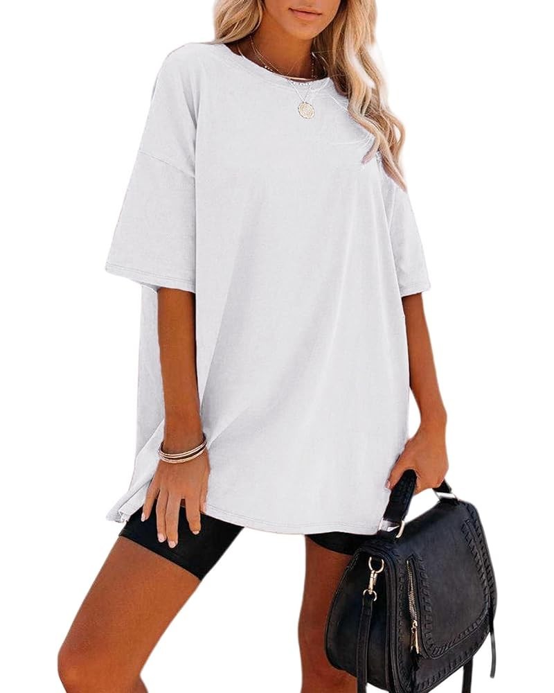 Women's Casual Solid Crewneck Short Sleeve Oversized T Shirt Drop Shoulder Tops L-white-1 $14.15 Tops