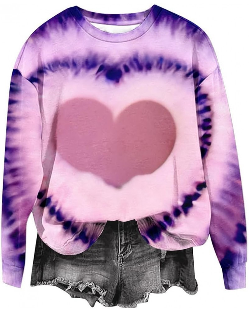 Valentines Sweatshirt For Women 2024 Trendy Heart Tie Dye Shirt Casual Crewneck Oversized Pullover Tops A08-purple $11.39 Act...