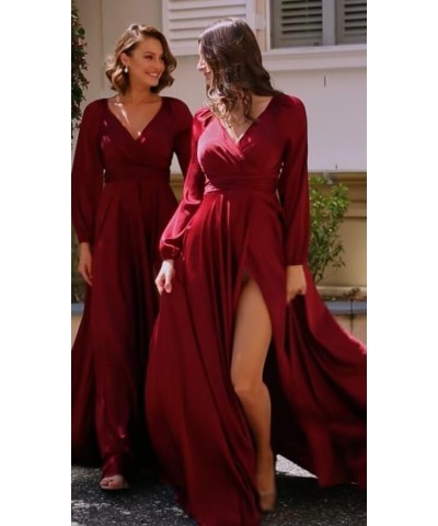 Women's V-Neck Bridesmaid Dresses with Long Sleeves Pleats Chiffon Formal Evening Party Dress with Slit VS022 Champagne $27.5...