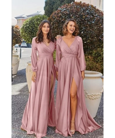 Women's V-Neck Bridesmaid Dresses with Long Sleeves Pleats Chiffon Formal Evening Party Dress with Slit VS022 Champagne $27.5...