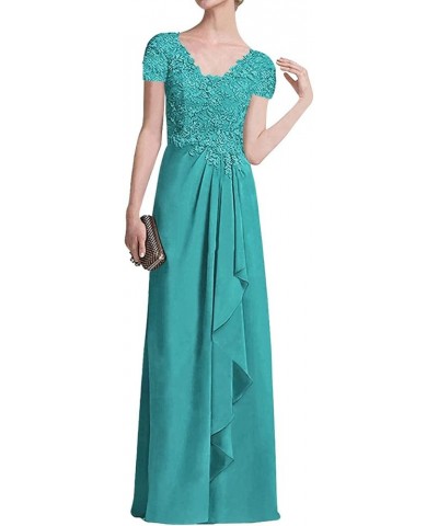 Mother of The Bride Dresses Long Evening Formal Dress Lace Applique Short Sleeve Ruffles Teal Blue $36.26 Dresses