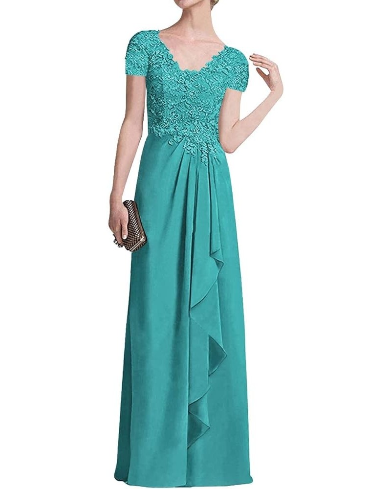 Mother of The Bride Dresses Long Evening Formal Dress Lace Applique Short Sleeve Ruffles Teal Blue $36.26 Dresses