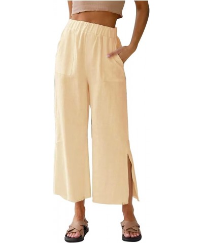 Womens Elastic High Waist Pants Casual Wide Leg Palazzo Pant with Pockets Wide Leg Cropped Capri Pant with Slit 05-yellow $10...