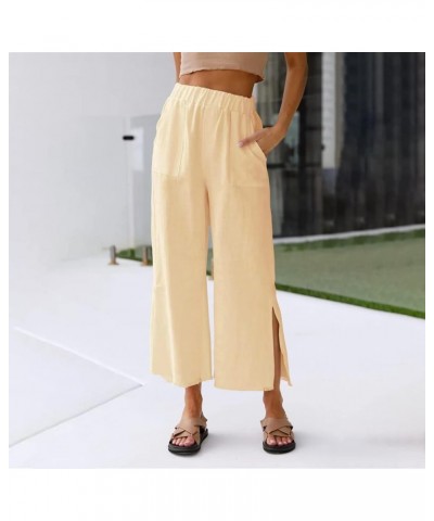 Womens Elastic High Waist Pants Casual Wide Leg Palazzo Pant with Pockets Wide Leg Cropped Capri Pant with Slit 05-yellow $10...