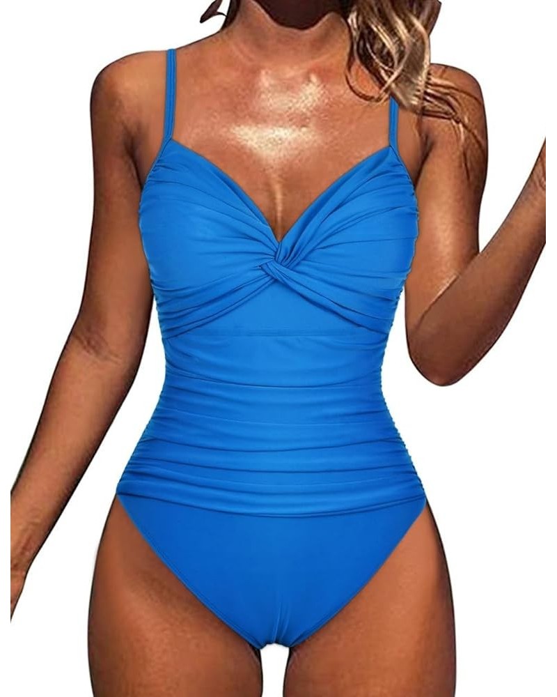 Women's Underwire One Piece Swimsuit Ruched Tummy Control Bathing Suits Push Up Twist Front Swimwear Monokini French Blue $15...