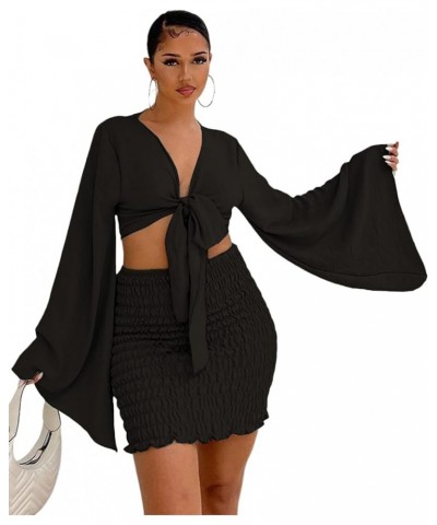 Women's 2 Piece Outfits Tie Knot Front Bell Long Sleeve Crop Top and Mini Skirt Set Black $19.25 Suits