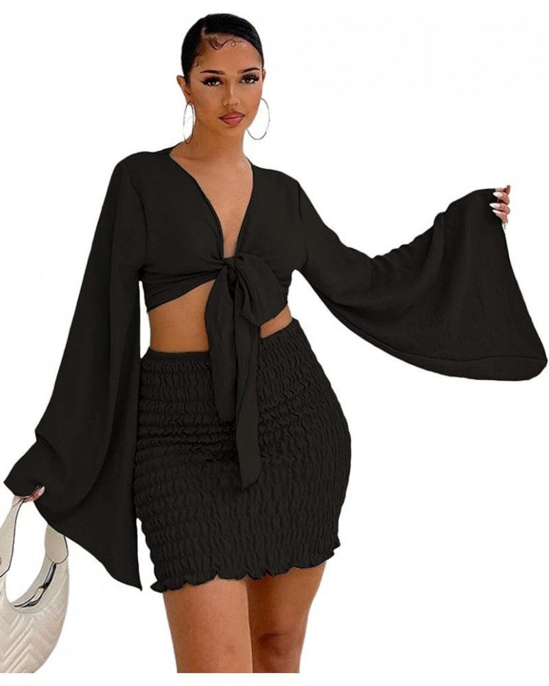 Women's 2 Piece Outfits Tie Knot Front Bell Long Sleeve Crop Top and Mini Skirt Set Black $19.25 Suits