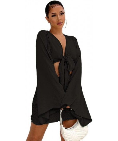 Women's 2 Piece Outfits Tie Knot Front Bell Long Sleeve Crop Top and Mini Skirt Set Black $19.25 Suits