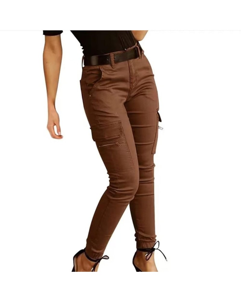 Women's Stretchy Tactical Cargo Pants High Waisted Casual Joggers Plus Size Skinny Trousers Cargo Pants with 6 Pockets Brown ...