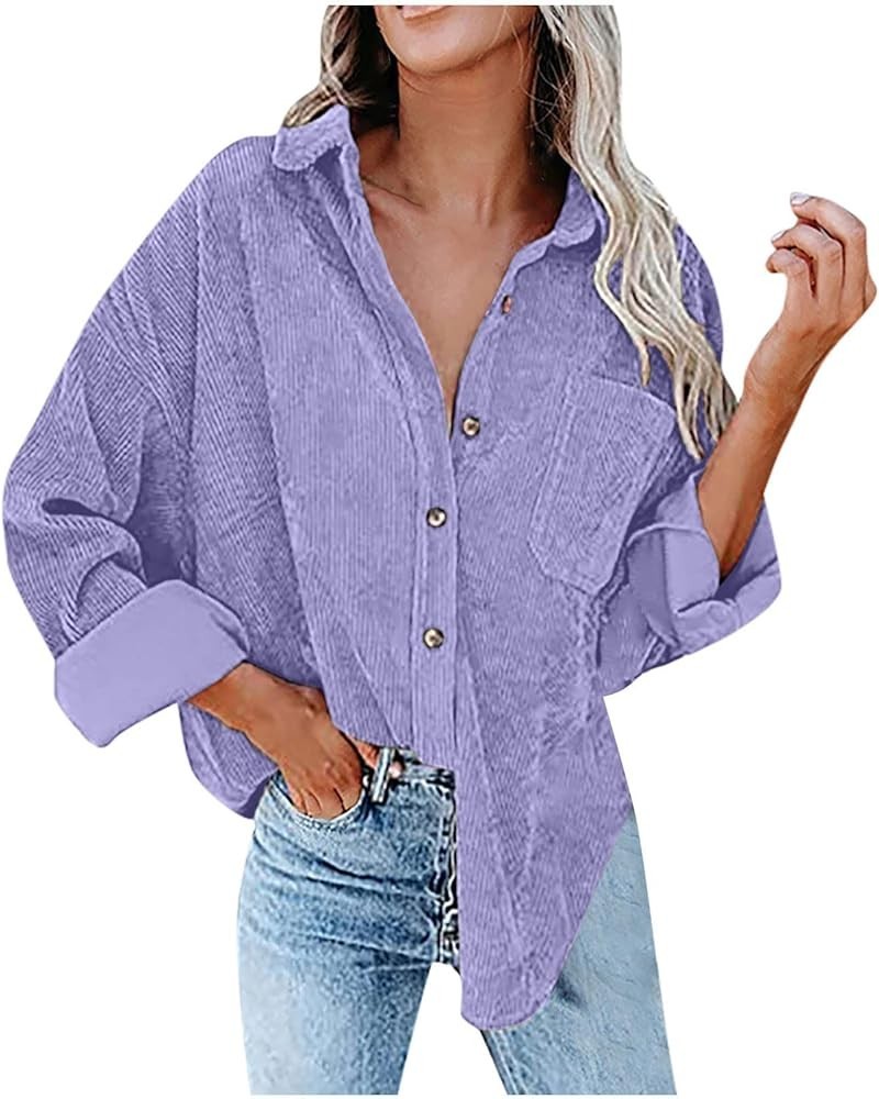 Shacket Jacket Women Corduroy Button Down Shirt Tops with Pocket Lapel Solid Casual Cardigan Fall 2024 Clothing A4-purple $13...