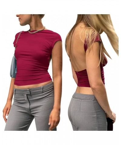 Women Sexy Backless Short Sleeve Slim Fit Crewneck Summer Casual Y2K Crop Tee Burgundy $16.73 T-Shirts