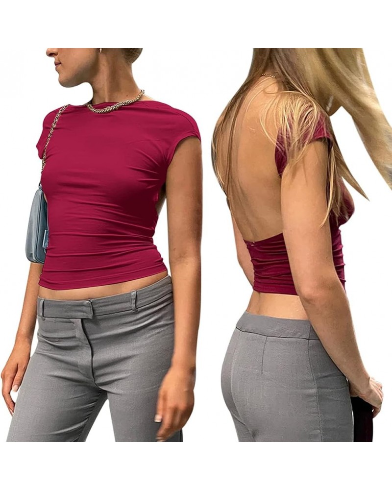 Women Sexy Backless Short Sleeve Slim Fit Crewneck Summer Casual Y2K Crop Tee Burgundy $16.73 T-Shirts