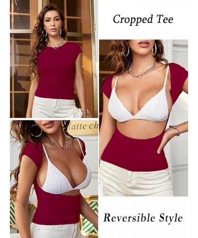 Women Sexy Backless Short Sleeve Slim Fit Crewneck Summer Casual Y2K Crop Tee Burgundy $16.73 T-Shirts