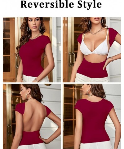 Women Sexy Backless Short Sleeve Slim Fit Crewneck Summer Casual Y2K Crop Tee Burgundy $16.73 T-Shirts