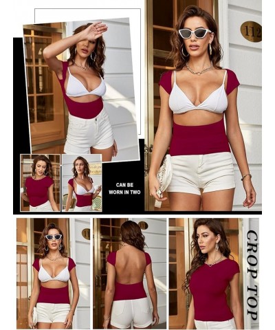 Women Sexy Backless Short Sleeve Slim Fit Crewneck Summer Casual Y2K Crop Tee Burgundy $16.73 T-Shirts