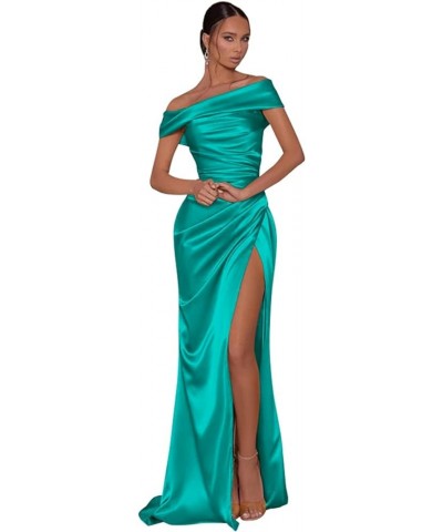 Mermaid Satin Prom Dresses Long Off The Shoulder Bridesmaid Dress with Slit Formal Gowns Turquoise $27.30 Dresses