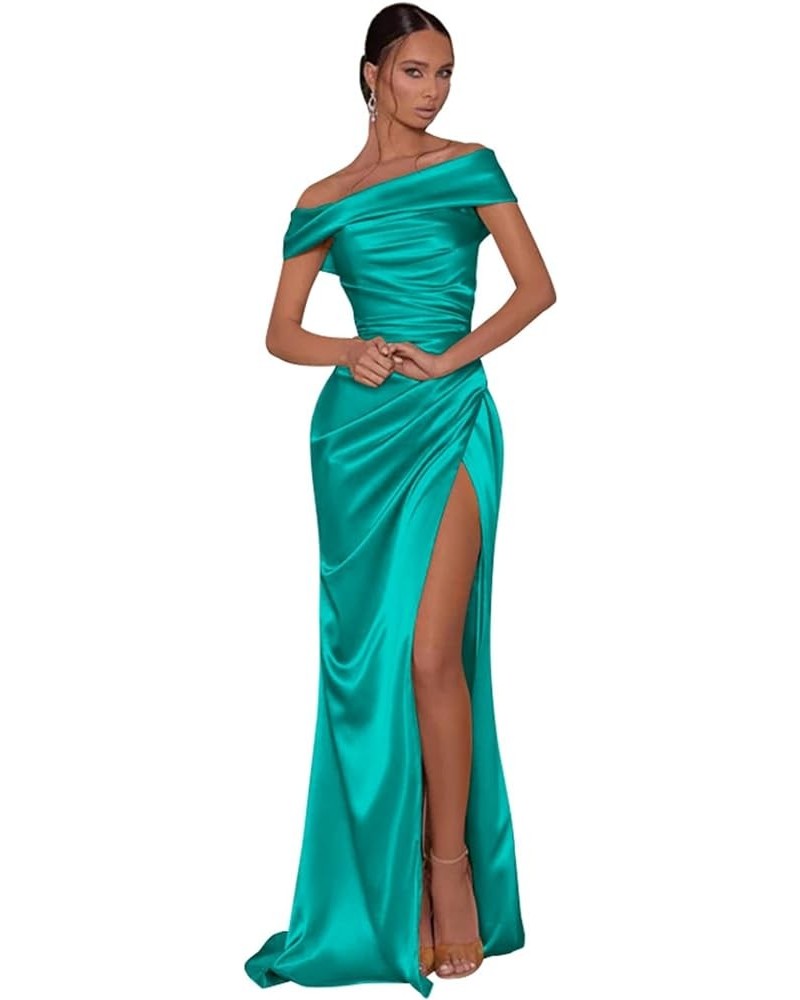 Mermaid Satin Prom Dresses Long Off The Shoulder Bridesmaid Dress with Slit Formal Gowns Turquoise $27.30 Dresses